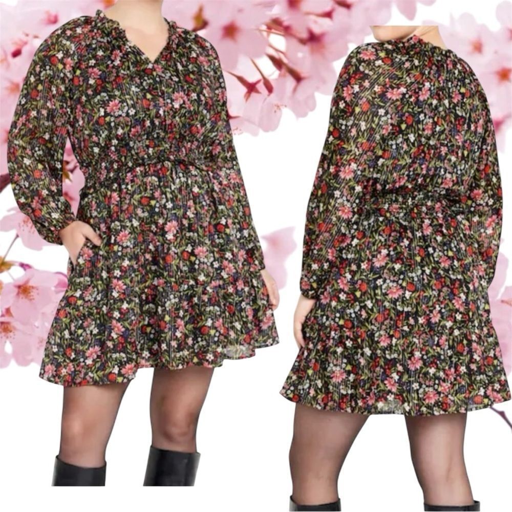 Old Navy Maternity Dress XXL Waist-Defined Black Floral Shine Gold Smocked Boho